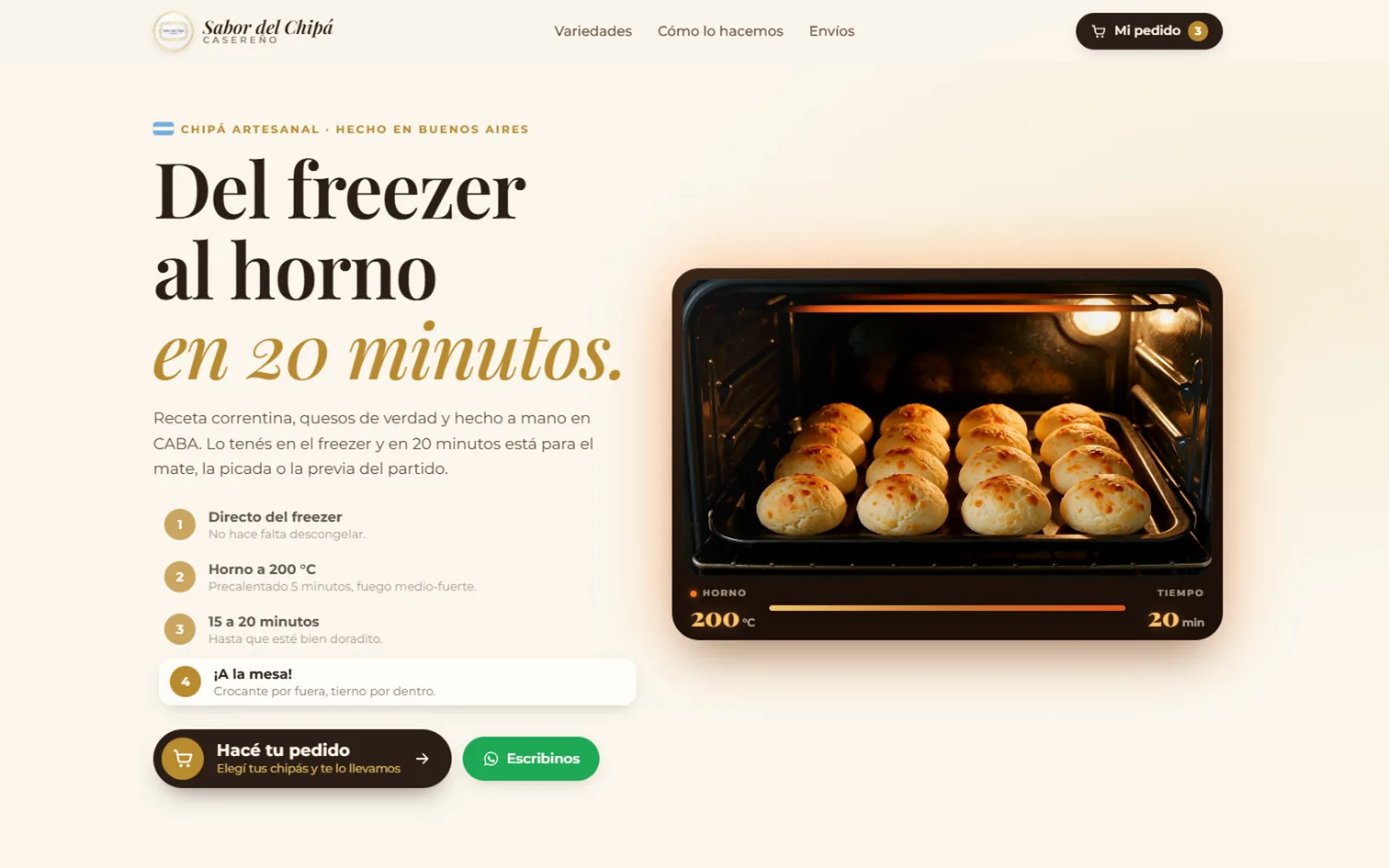 Inicio de Sabor del Chipá: del freezer al horno en 20 minutos, con un horno animado y botón para hacer el pedido